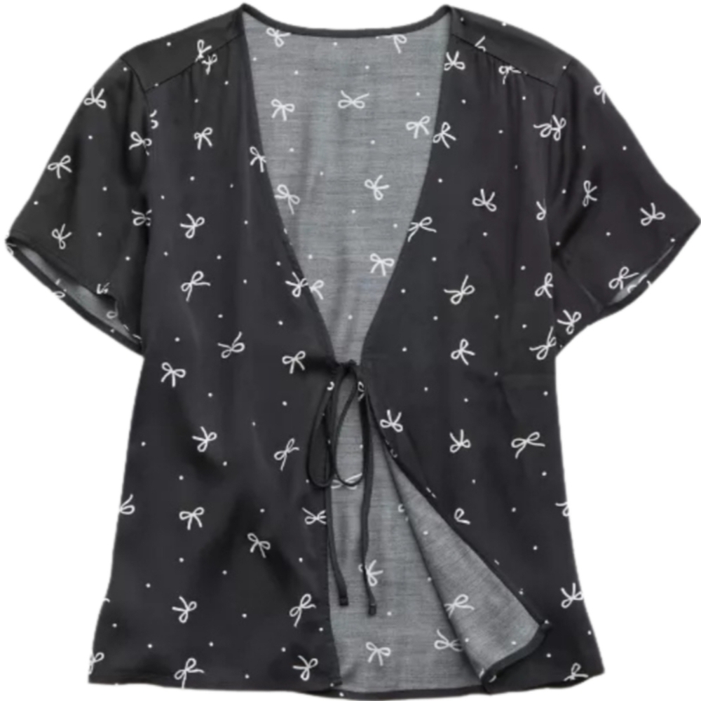 Black Bow Print Tie-Front Blouse By Aerie
